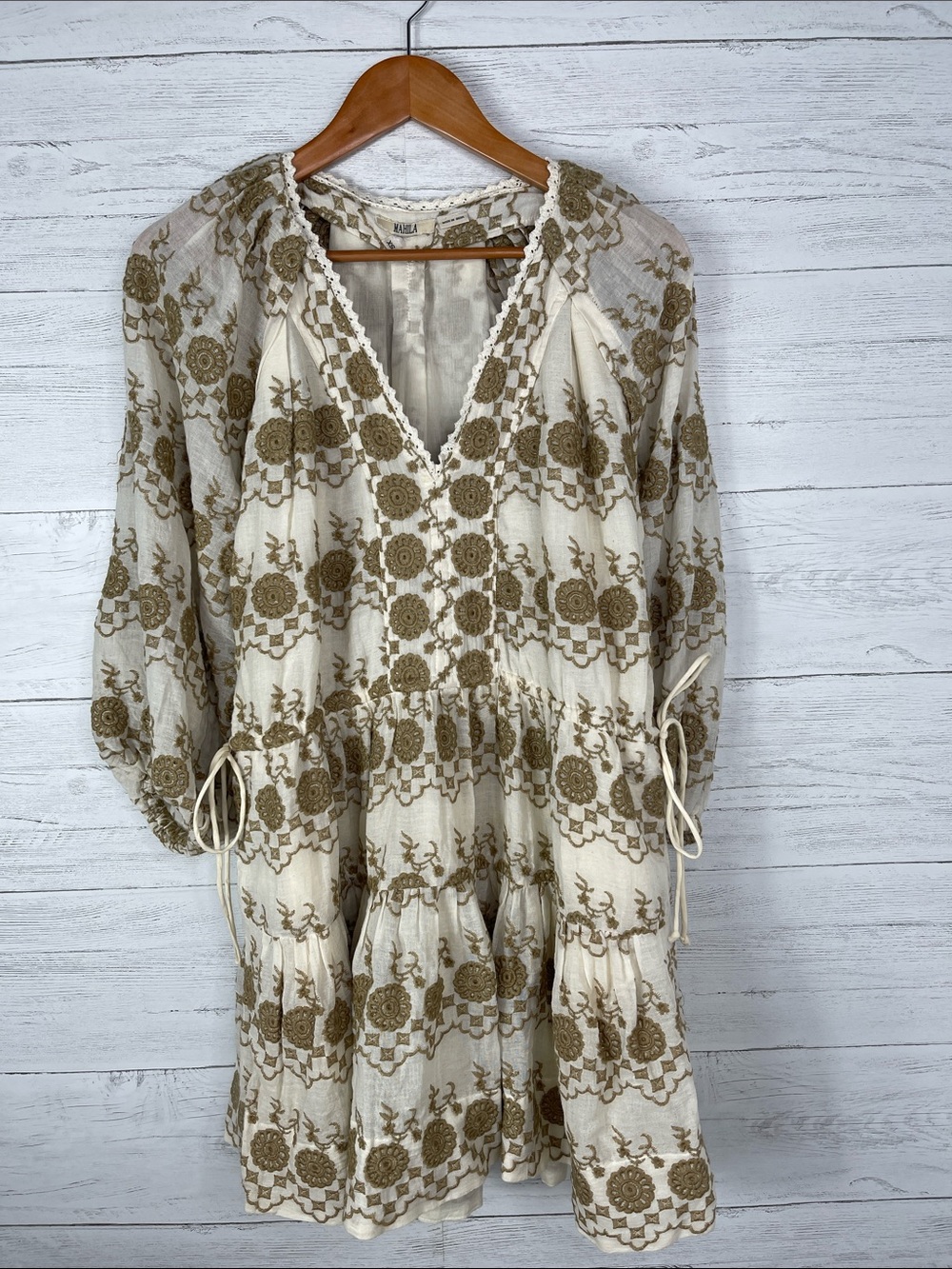 Mahila Embroidered Boho Dress in Cream and kaki